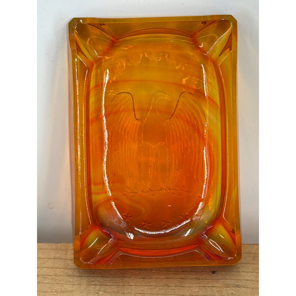 Vintage Amber Indiana Glass‎ Eagle Ashtray Federal Style Rectangular Cigar